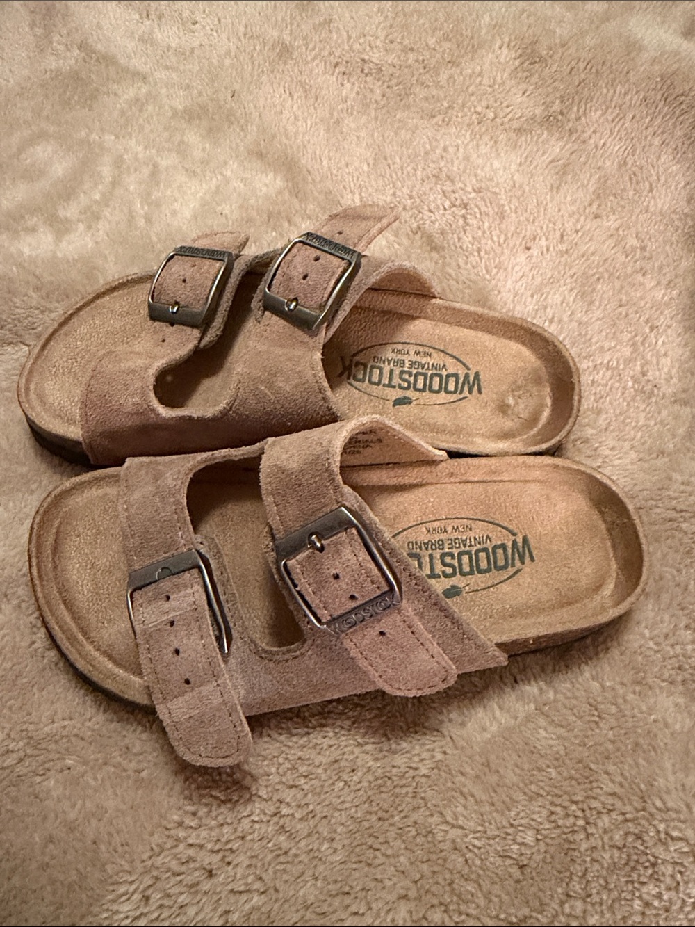 Woodstock Kids' Suede Double-Buckle Slide Sandals in Tan